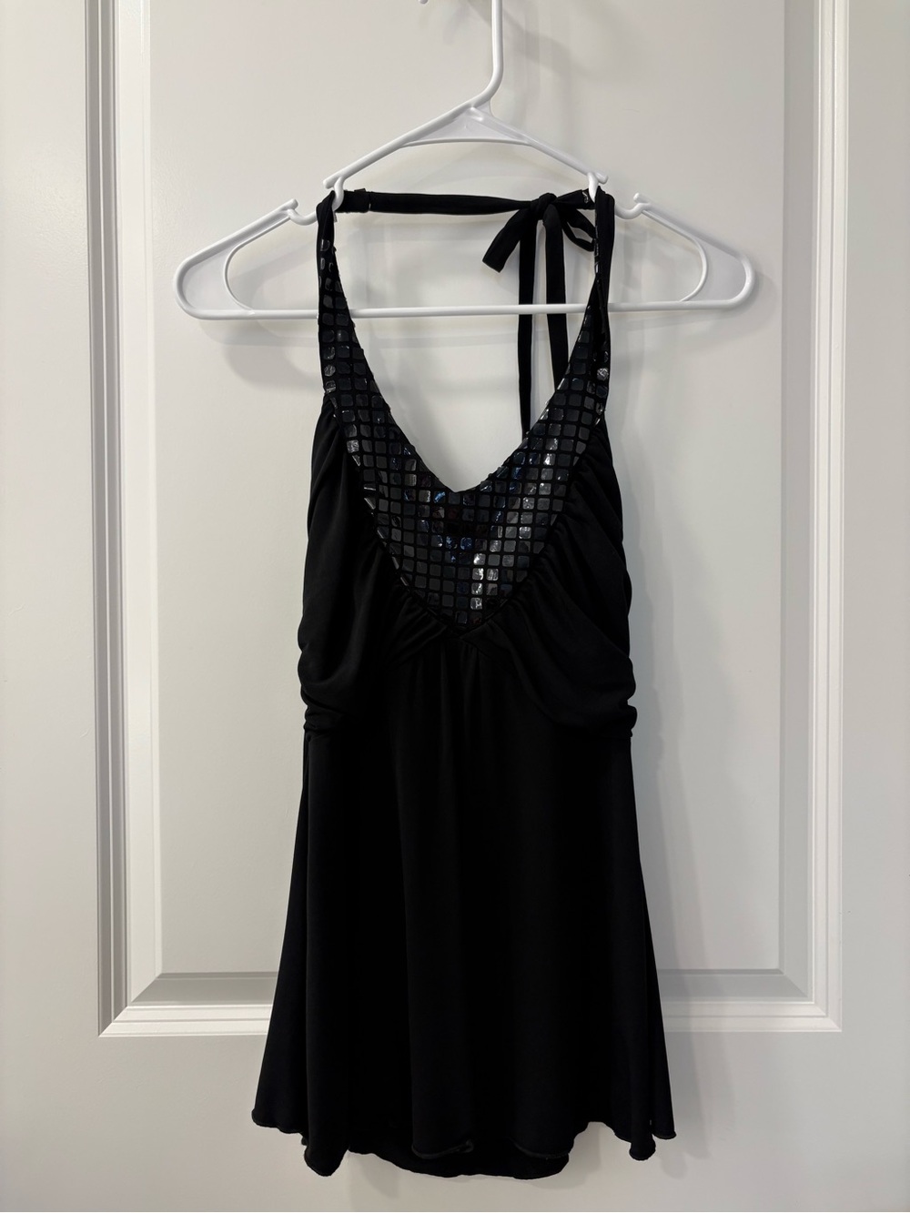 Black Halter Y2K Top with Sequin V-Neck